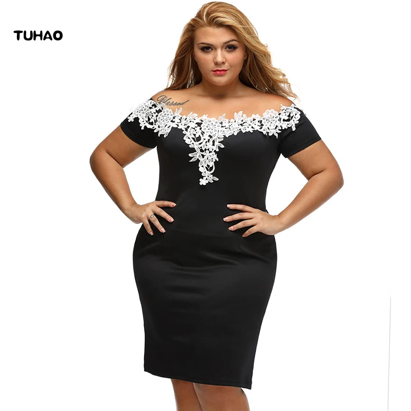 

TUHAO 2017 summer lace floral sexy black women bandage dress bodycon woman Dresses of the big sizes 2XL 3XL female clothing DL47