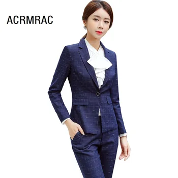 

Women suits Slim spring Plaid Long sleeve Jacket pants 2-piece set OL Formal Business Women pants suits Woman set suits 1302