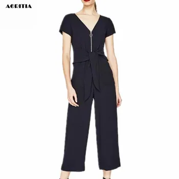 

2018 Women Spring Summer Short-sleeve Playsuits Zipper Jumpsuit Playsuits Bow Ankle-length Pants Overalls