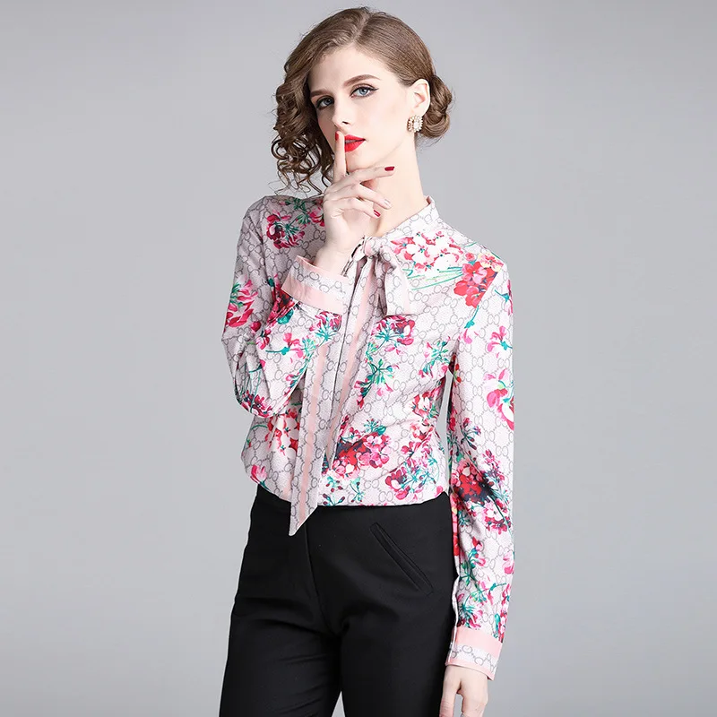 

Spring 2019 women's fashion bow shirt women's long-sleeved blouse ribbon bow tie Monogram print shirt