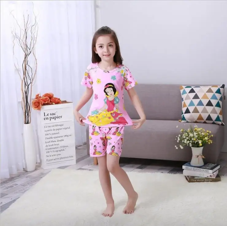 Детские пижамы тонкий летний хлопковый комплект для мальчиков и девочек с короткими рукавами, с героями мультфильмов - Цвет: style  17