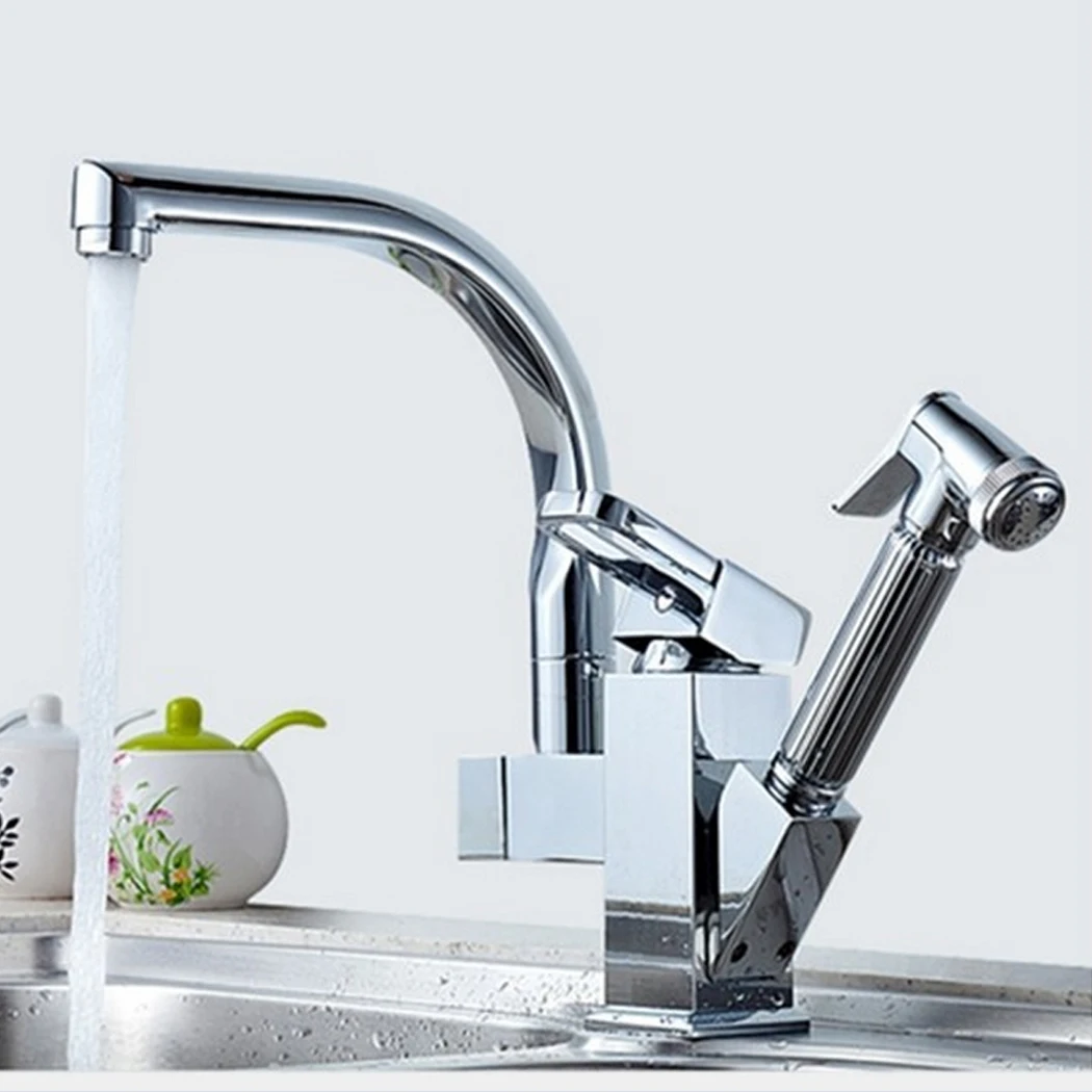 Polished Chrome LED Pull Out Kitchen Faucet Double Spout Deck Mount Kitchen Mixers with Hot and