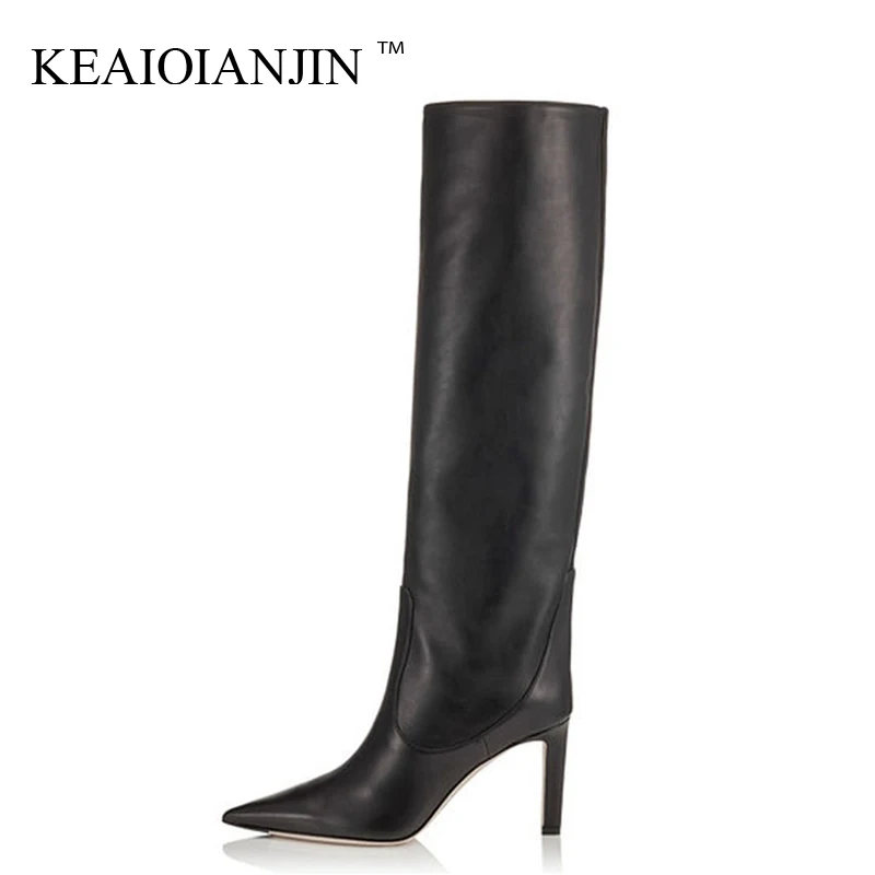 

KEAIQIANJIN Fashion Women's Cowboy Boots Knee High Boot Woman Shoes Sexy Mid-Calf Cowboy Boots Pointed Toe Straight Boots Black
