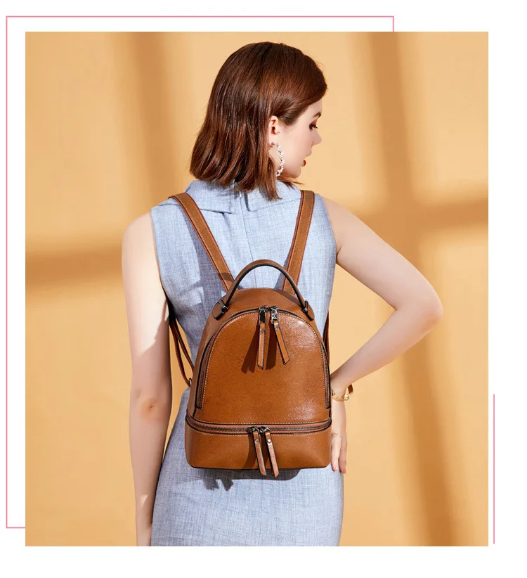 New Genuine Leather Rucksack Female Travel Knapsack High Quality Fashion Design School Daypack Women Oil Wax Cowhide Backpacks