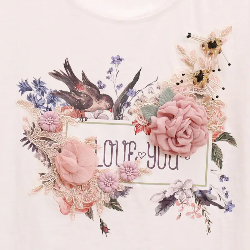 Neploe/новая футболка с пайетками и бусинами футболка с круглым вырезом и объемным цветком и короткими рукавами, топы с рисунком птицы и буквами, Новая повседневная футболка 37937