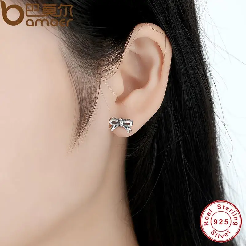 CS-DB Silver Mouses Sparkling Bow Stud Push Back Charm Earrings CS-DB Silver Mouses Sparkling Bow Stud Push Back Charm Earrings