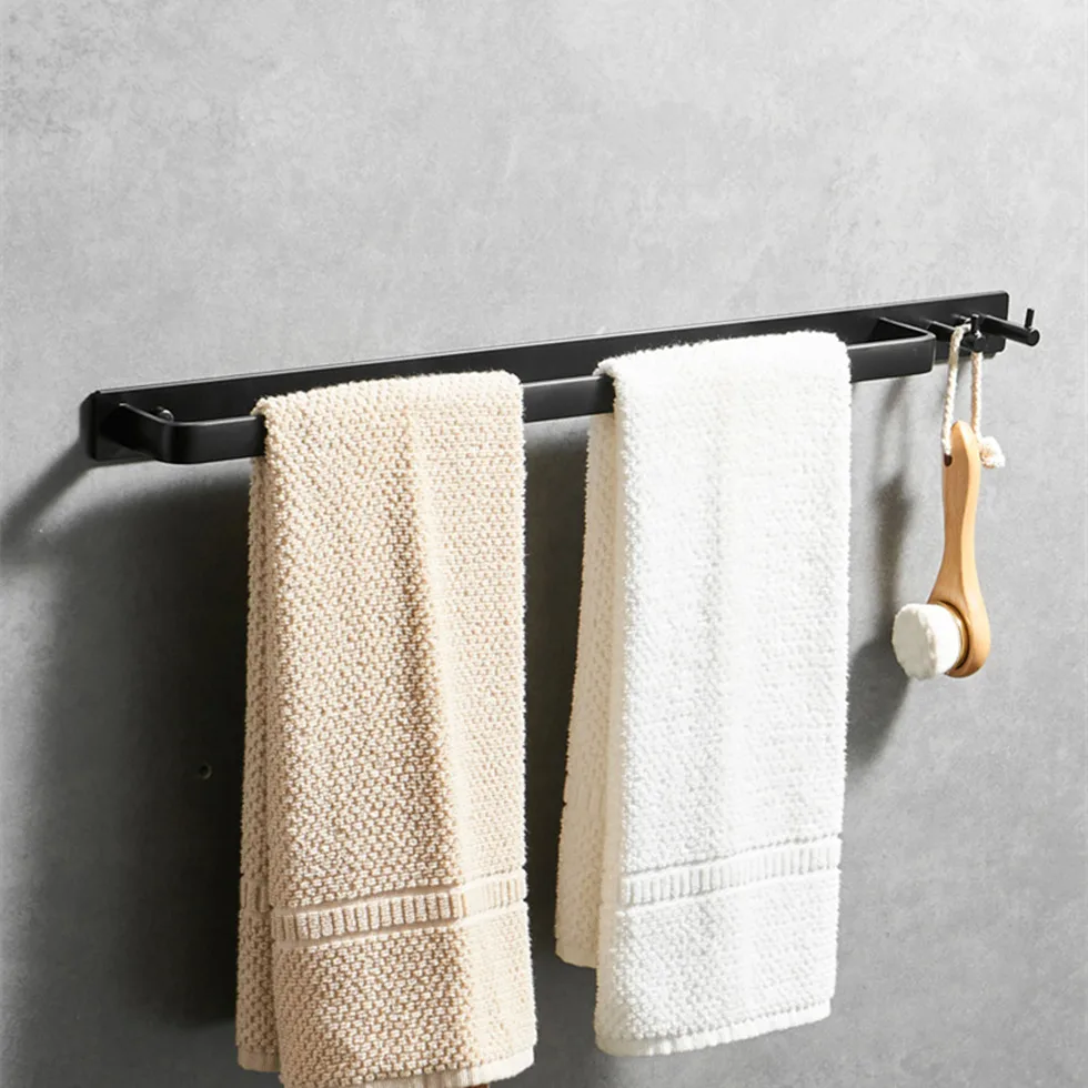 

Black Bathroom Towel Holder with Hooks Wall Mount Aluminum Shower Caddy Towel Bar Adhesive Rack etagere bain mural