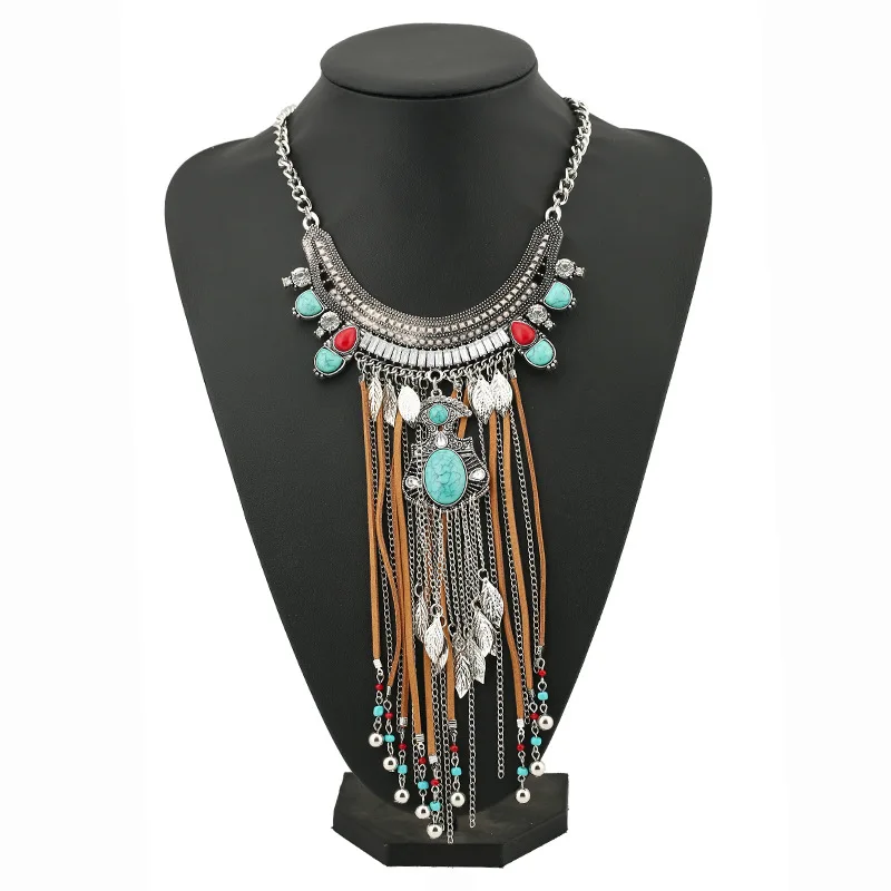 

2016 Newest Women Faux Leather Long Tassel Leaves Pendant Necklace Marbling Texture Faux Stones Pendant Long Chain Maxi Necklace