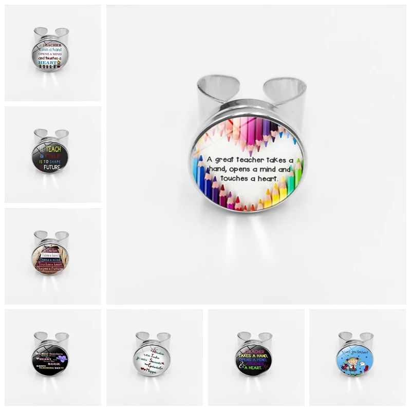 

2019/Selling Graduation Souvenirs Merci Maitresse Teacher's Day Gift Glass Brass Silver Button Open Ring Jewelry Gift