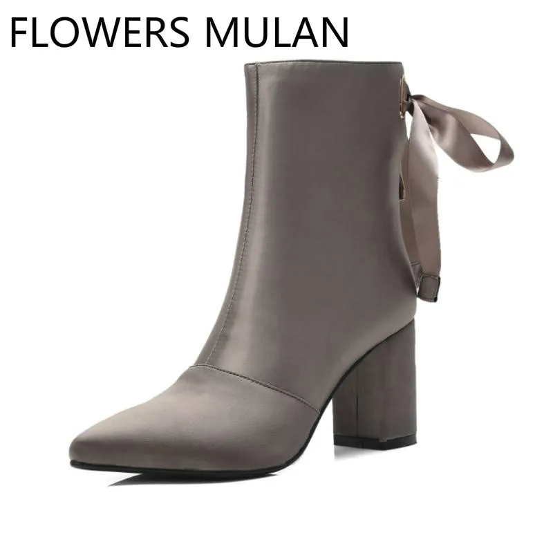

New Patchwork Ankle Boots For Women Leather Suede Upper Fashion Ladies Booties Back Butterfly-knot Zipper Winter Shoes Woman