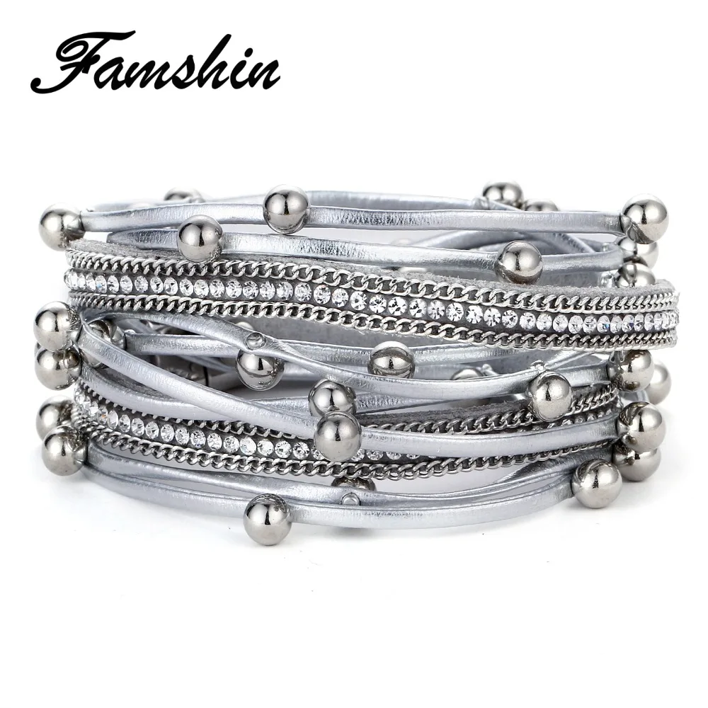 

FAMSHIN Design Fashion Bead Multiple Layers Charm Bracelet For Women Men Leather Bracelets & Bangle New Femme Party Jewelry Gift