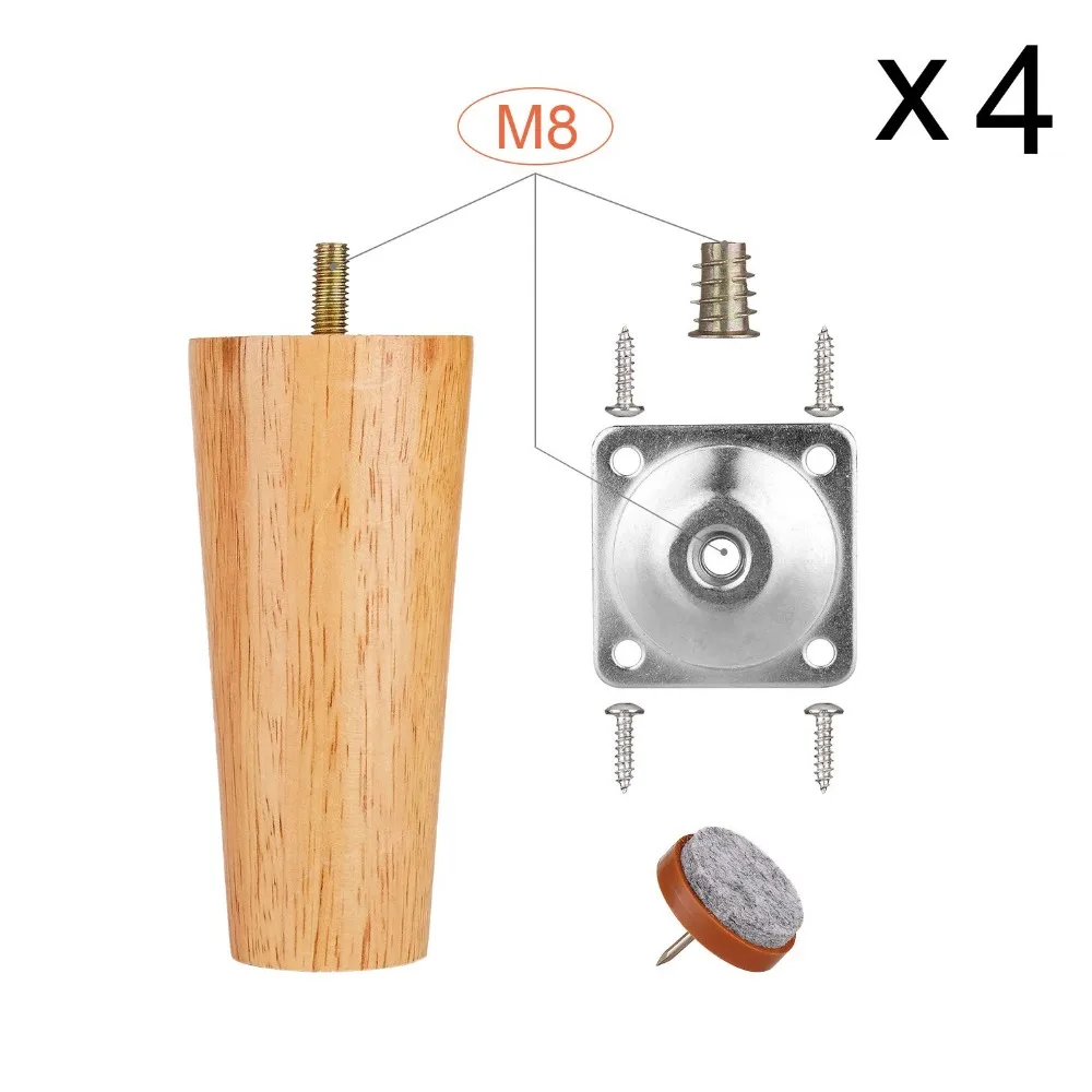 4 шт. ножки для мебели, ножки для дивана M8 120 мм высотой, полный набор, цельные конические деревянные ножки для мебели, диван, диван, журнальный столик, скамья, стул