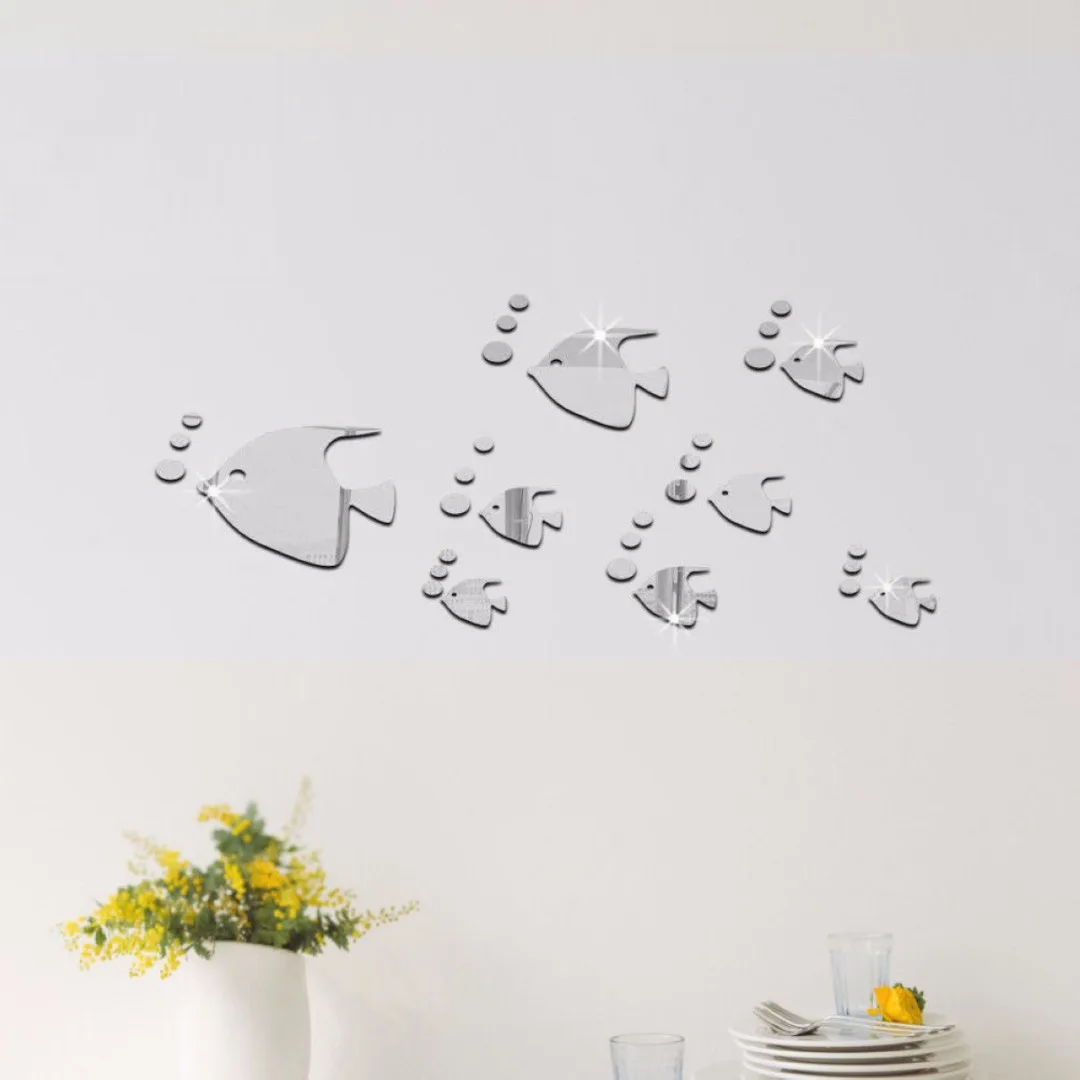 3D Mirror Wall Stickers DIY Removable Set Sea Fish Bubble Mural Decal Acrylic Bathroom Decoration adesivo de banheiro