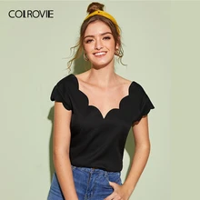 COLROVIE белые однотонные двойной V образным вырезом с фестонным краем Повседневная блузка рубашка Для женщин топы Летние черные спецодежды женские блузки