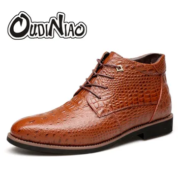 

OUDINIAO Crocodile Cowboy Boots Men Low Heel Spring Fashion 2018 Mens Boots Lace Up Split Leather Men Ankle Boots Bota Masculina