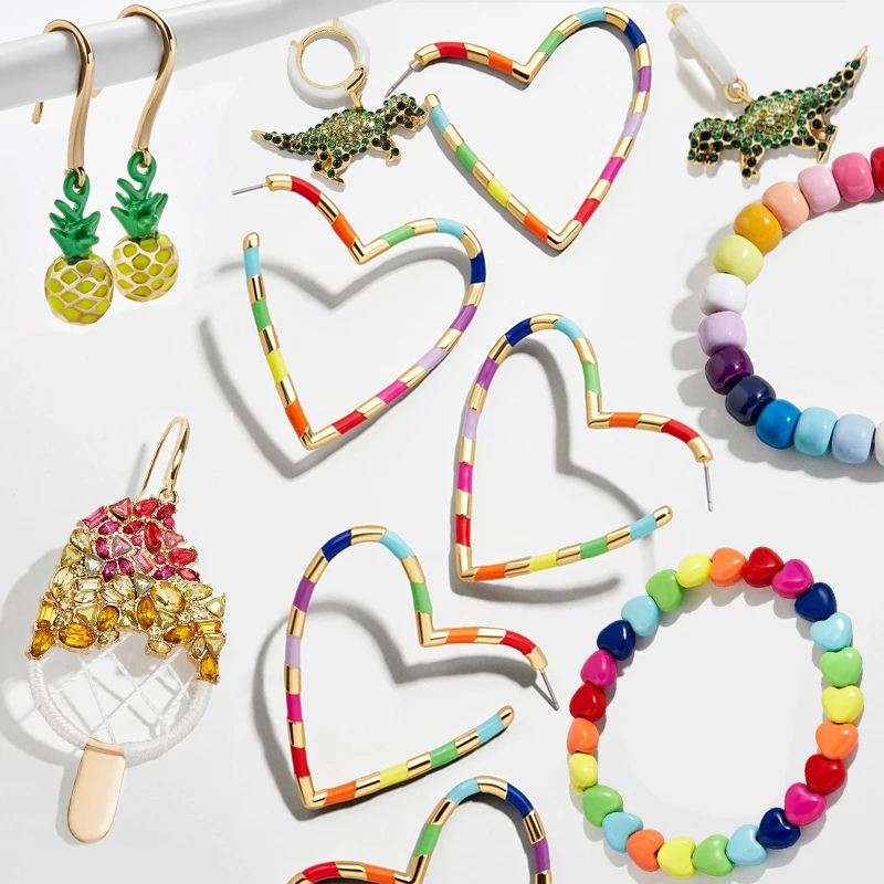 

Ladyfirsy New Statement Wedding Jewelry Heart Circle Drop Earrings Summer Multicolor Crystal Dangle Earrings for Women Wholeslae