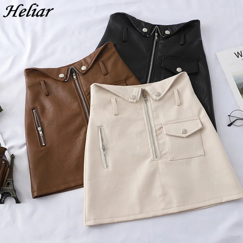 

HELIAR Office Lady Women PU Skirt Mini Elegant Zipper A-Line Skinny High Waist Black Pocket Vintage All Match Slim Skirts 2019