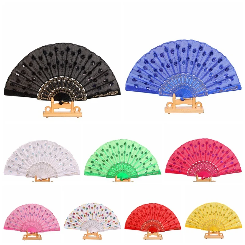 

14 Bones Color Bar Plastic Sequins Fan Chinese Style Oriental Dance Fan Living Room Furniture Display Decorations