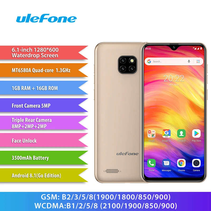 Смартфон Ulefone Note 7, 6,1 дюймов, 19:9, капля воды, Android 8,1, 1 Гб+ 16 ГБ, четырехъядерный, 3500 мАч, разблокировка лица, 3 камеры заднего вида, мобильный телефон