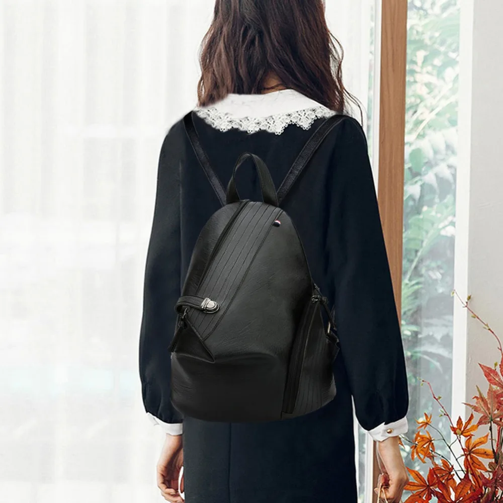 2019 mujeres de la cremallera de cuero de la PU de mochilas para chicas de viaje de la escuela bolso mujer bolsos sólidos Mochila femenina, saco un Dos