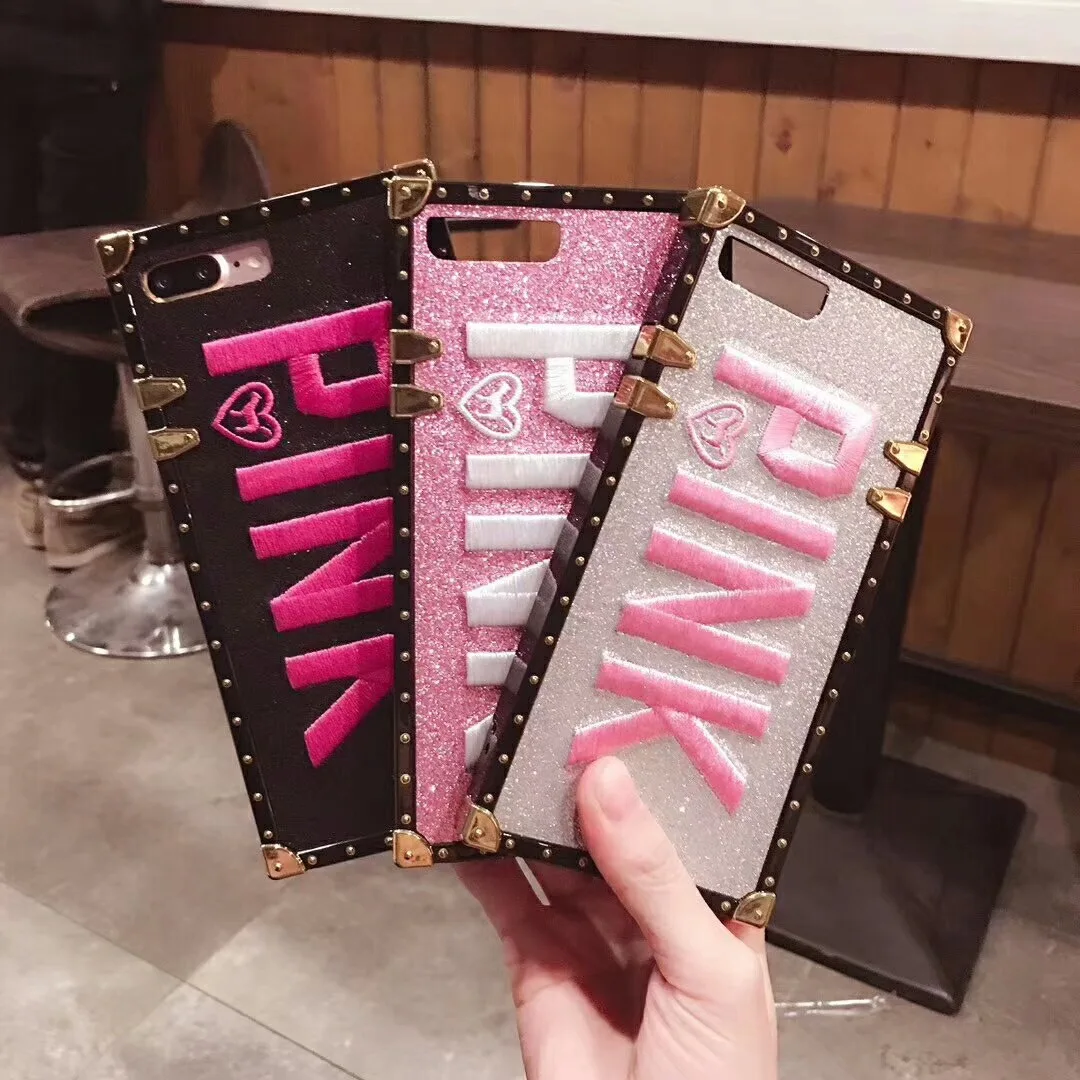 

Luxury Embroidery 3D Pink Letter Case for iphone X XR XS Max 8 7 6 s Plus Square Cases For Samsung Galaxy S8 S9 10 Plus Note 8 9