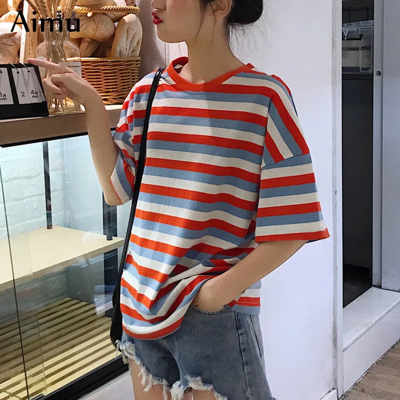 Летняя мода Harajuku Полосатый футболки женские свободные с круглым вырезом короткий рукав Повседневная футболка kawaii Street для женщин Camisetas Mujer