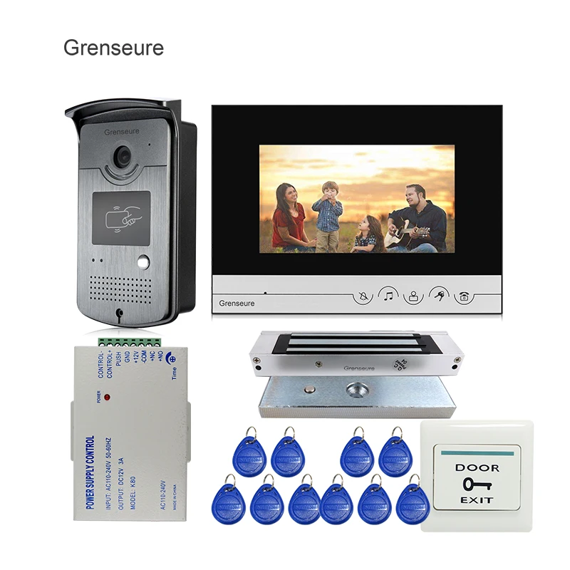 

Free Shipping 7" Color Screen LCD Video Door Phone Intercom System + Metal RFID Reader Access Doorbell Camera + Magnetic Lock