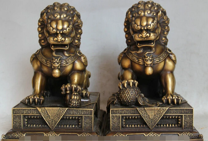

bi002867 10 Chinese Copper Feng Shui Fu Foo Dog Guardion Lion Door Ball Son Statue Pair