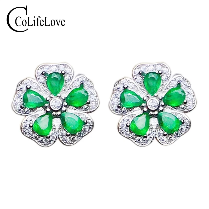 Classic flower stud earrings with emerald 10 pcs natural Zambia emerald stud earrings 925 silver emerald earrings for wedding Classic flower stud earrings with emerald 10 pcs natural Zambia emerald stud earrings 925 silver emerald earrings for wedding
