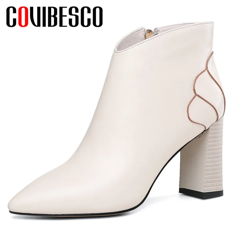 

COVIBESCO Autumn Winter Fashion Genuine Leather Zip Women Chelsea Ankle Boots Square Heels Pointed Toe Solid Elegant Woman Shoes