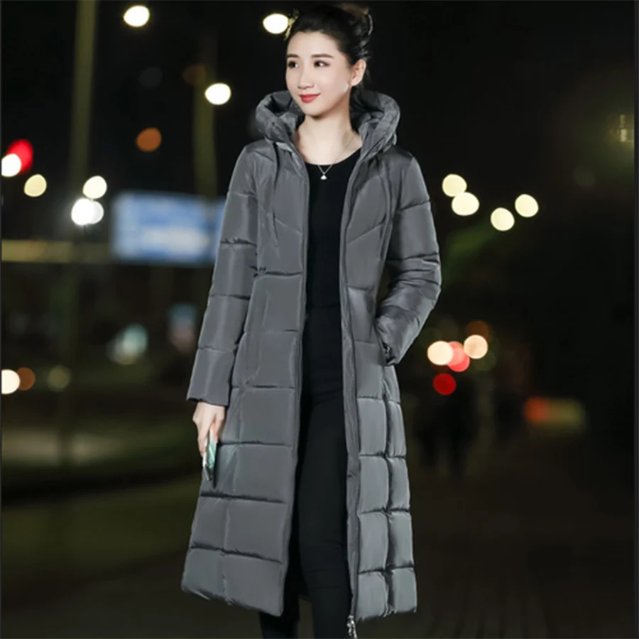 Long Slim Down Coat Women Winter M-6XL Plus Size Hooded Down Jacket Warm Cotton Clothes Zipper Pocket Fashion Elegant Women Coat