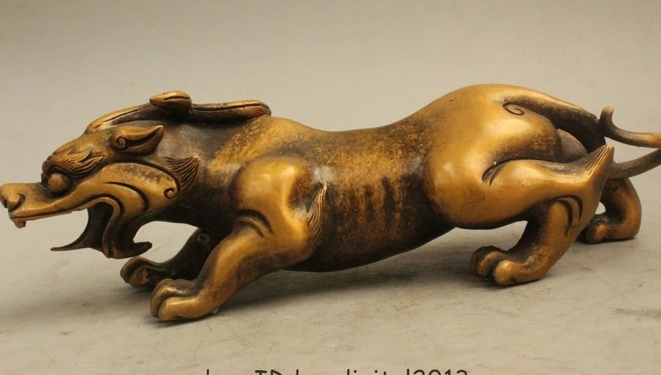 

3" Old China Folk Bronze Foo Dogs Unicorn Beast Pi Xiu Exorcise evil spirits Sta