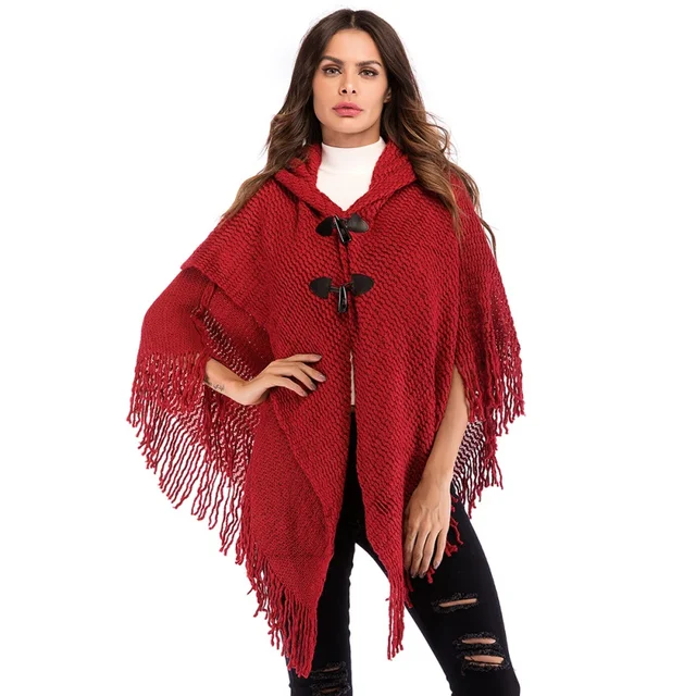 Price 2018 Autumn Winter Bat Sleeve Solid Color Red New Fashion Loose Cape Hooded Sweater Horn Buckle Shawl Coats Cloak Outwear F3