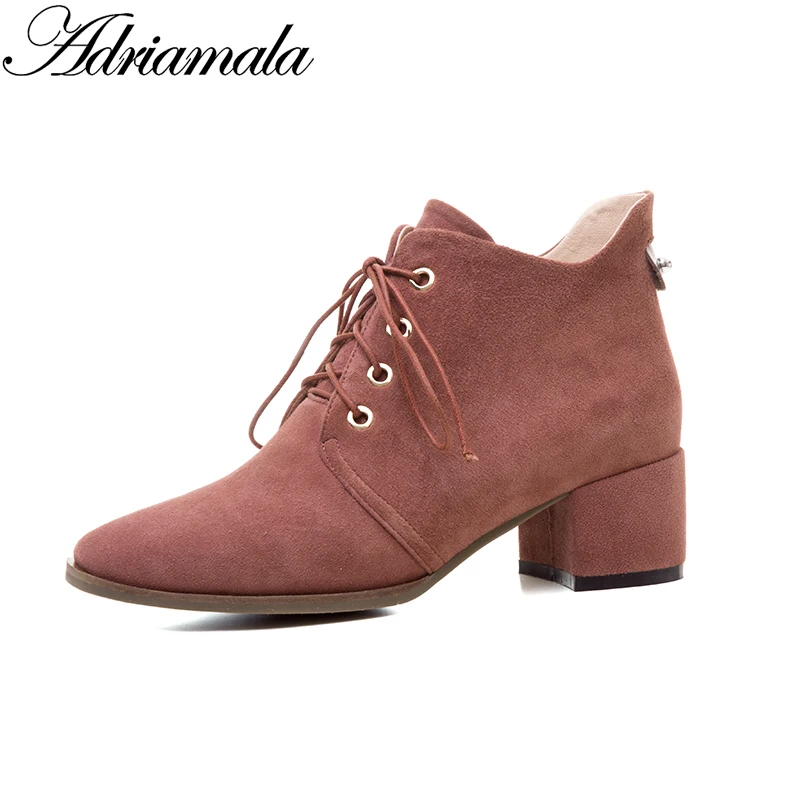 

2018 Kid Suede Ladies High Heel Boots Ankle Lace-up Round Toe Square Heel Motorcycle Boots High Heel For Women Fashion Adriamala