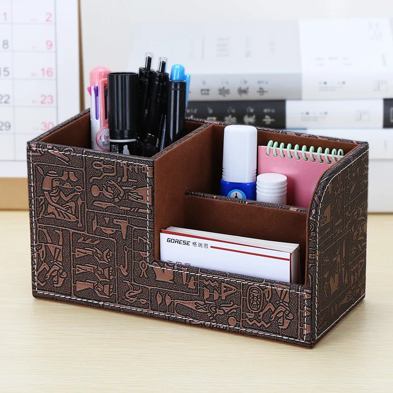 

Desktop Home Office PU Leather Multifunction Stationery Organizer Storage Box