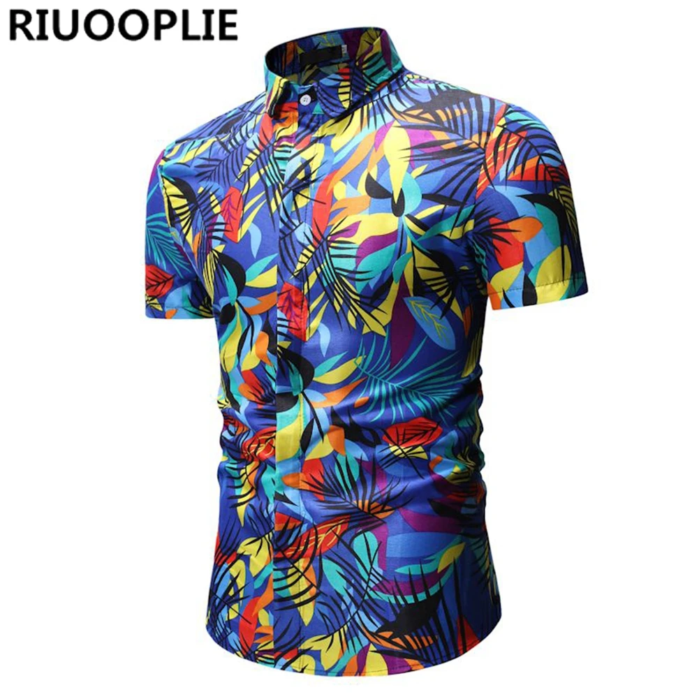RIUOOPLIE Mens Hawaiian Shirt Flower Leaf Beach Party Casual Holiday Short Sleeve 3