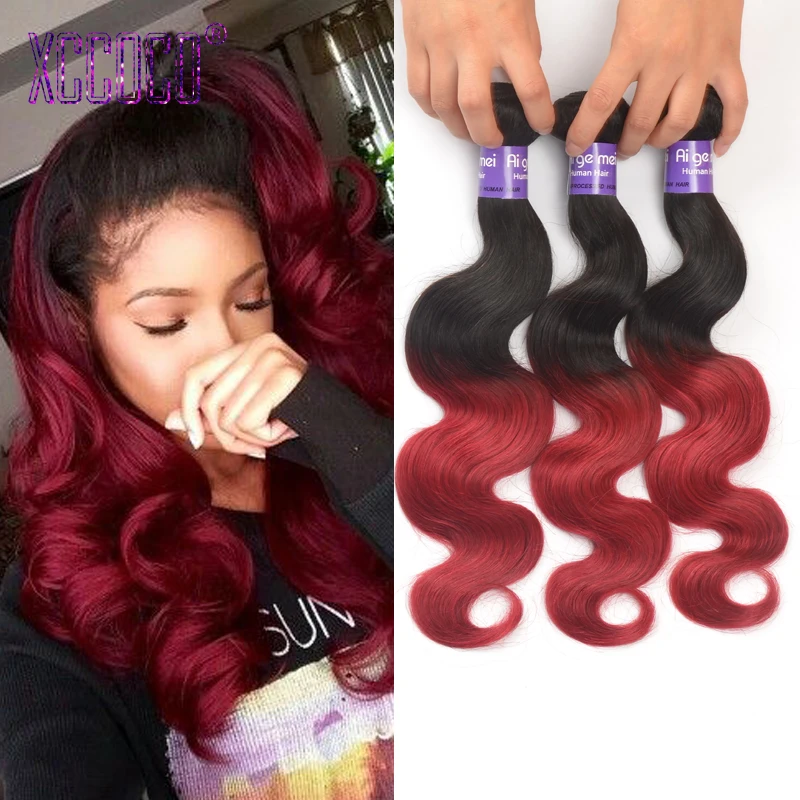 

3 Pcs Dark Root Ombre Hair Extensions 1b/99j 1B/27 Brazilian Virgin Hair Body Wave Wavy Red Wine Two Tone Ombre Human Hair Weave
