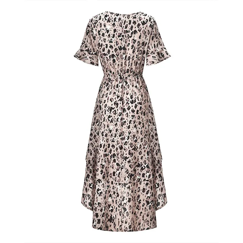 JSMY 2019 New Summer Fashion Women Leopard Printing V-neck Bow Irregular Swallowtail Chiffon Dress