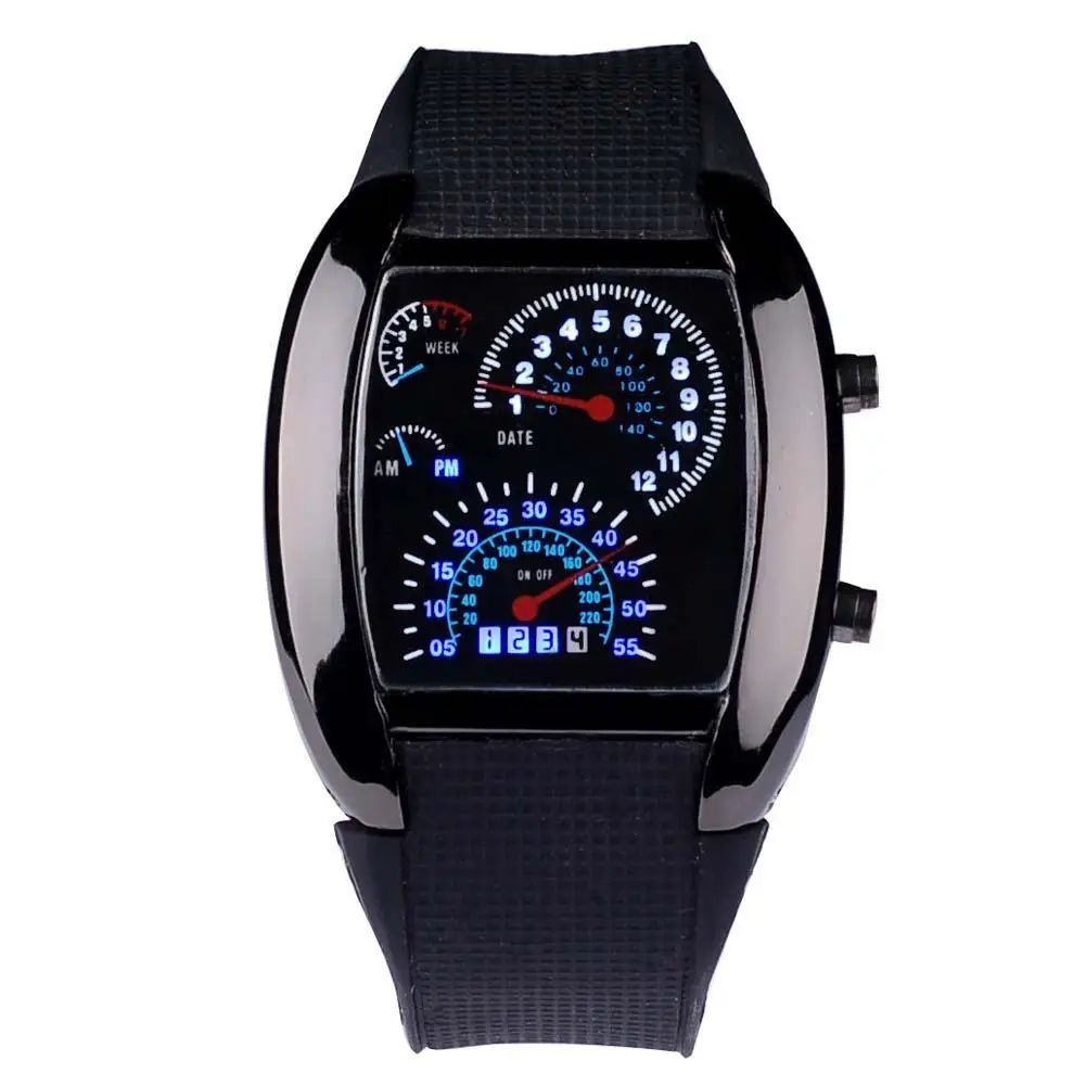 

Fashion Mens RPM Turbo Black Flash LED Sports Car Meter Dial Watch Wristwatch