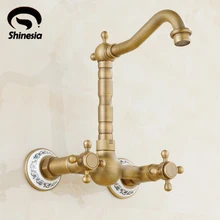 Поворотный носик с двумя ручками настенный кухонный раковина кран античная латунь смеситель кран
