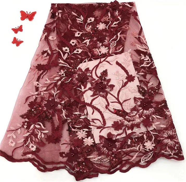 

Latest Nigerian Mesh lace fabric with sequins Embroidery African 3D Flower And Bead Tulle Lace Fabric for Wedding dress(FJ189