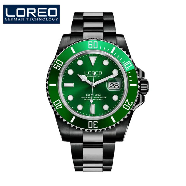 LOREO New 200M Waterproof Mens Sport Watch Luxury brand Automatic Mechanical Watch Sapphire Screw Crown Rotatable Bezel Luminous - Цвет: Steel band 9