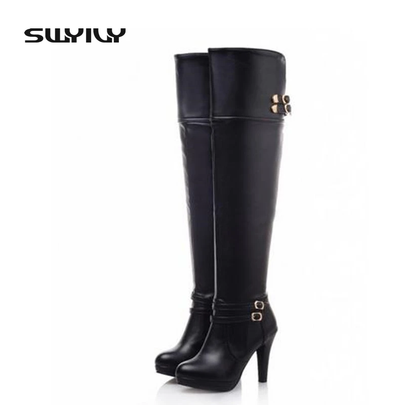 Sexy High-Heeled White Boots Zipper Spring Korean Fashion Tall Knee Boots Knight Women Shoes Large Size 40-43 Buckle Design