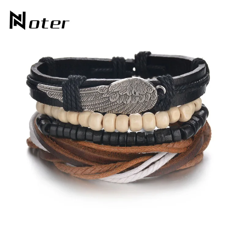 

4pcs/set Braided Leather Bracelet Charm Wood Bead Braclet Punk Adjustable Rope Braslet For Men Hand Accessories Armband Heren