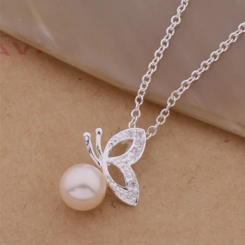 

AN309 Silver Color Necklace fashion jewelry pendant genuine pearl butterfly Factory wholesale quality gifts