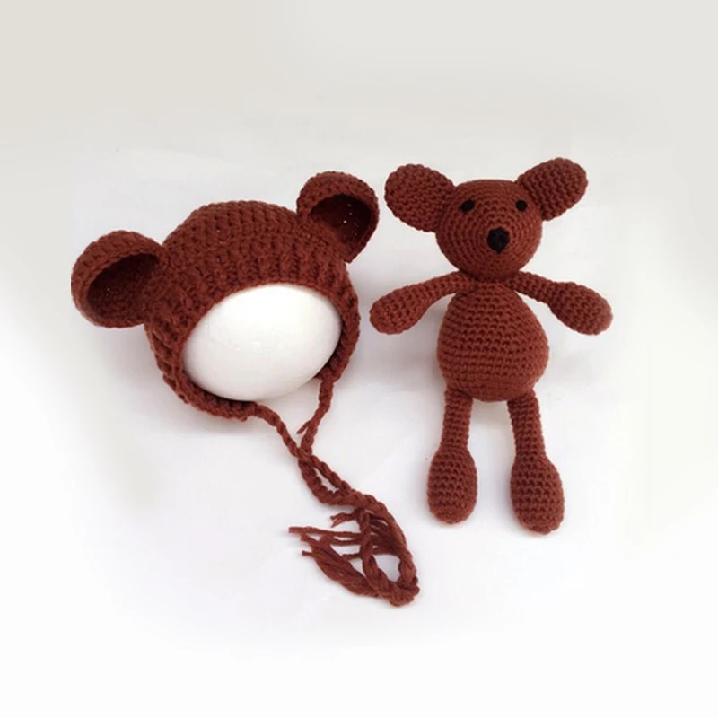 Детская шапочка-медвежонок, реквизит для фотосессии, вязаная шапка с мишкой Тедди, вязаная крючком шляпа для новорожденных с цветами, шляпа для маленьких девочек, реквизит для фотосессии с мишкой из хлопка - Цвет: Коричневый