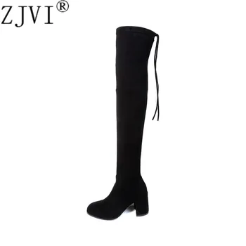 

ZJVI women suede leather thigh high boots womens over the knee boots 2020 square high heels winter autumn woman black sexy shoes