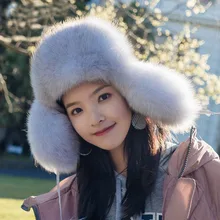 Натуральный Лисий мех шапка зимняя Модная женская шапка-бомбер женская теплая супер большая шапка