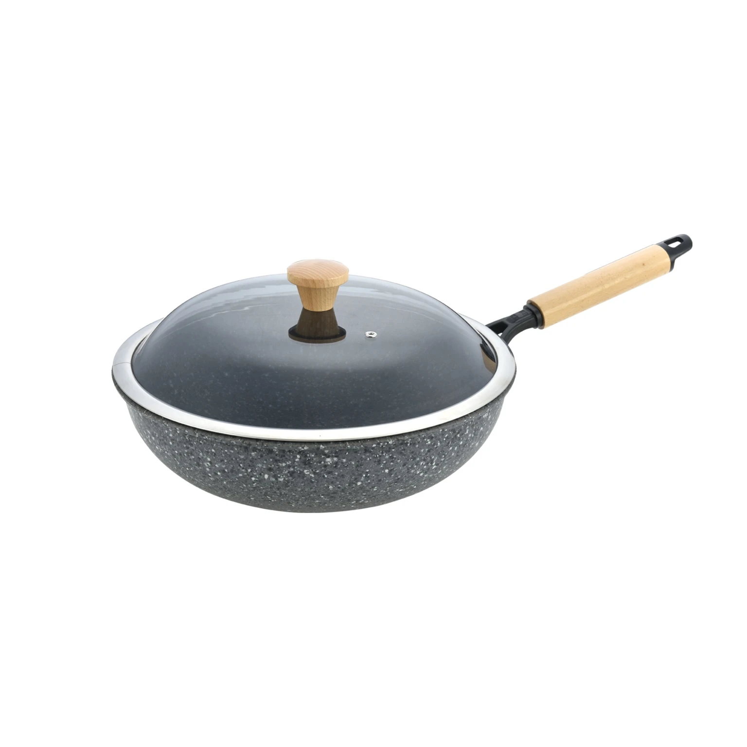 

32cm Non-stick Burning Rock Metal Chinese Style Wok with Glass Cover Kitchen Cooking Pot with Wood Handle Healthy Cookware Pan