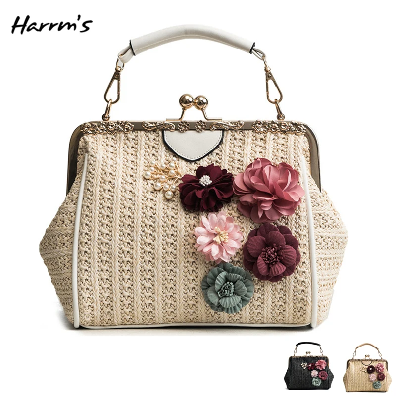 

2018 Summer Fashion Retro Straw Shell Bag Women Bag Handbags For Ladies Beach Chain Small Chain kiss Lock Shoulder Messenger Bag